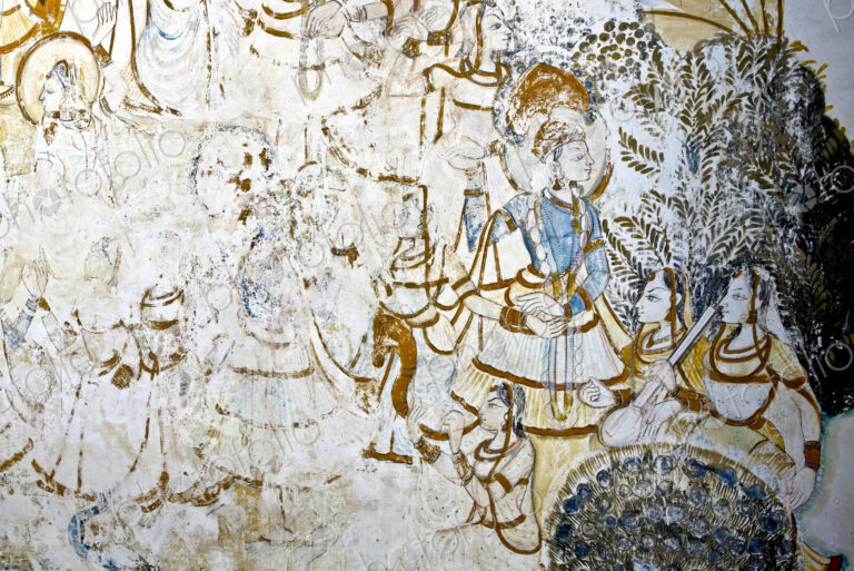 Bagore-Ki-Haveli museum, a close up of drawings and wall paintings on an interior…