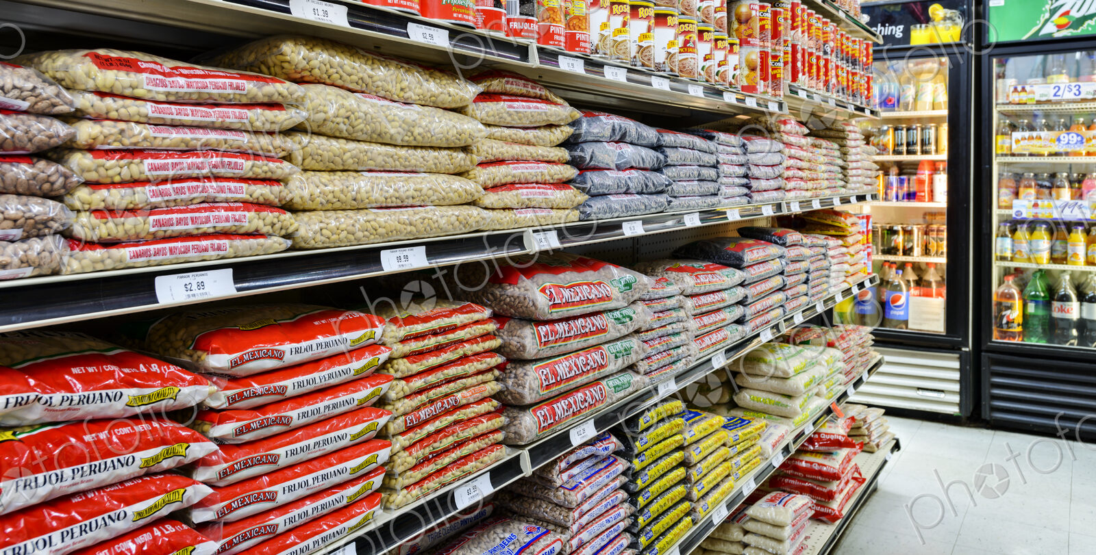Bags of food on shelves of grocery store