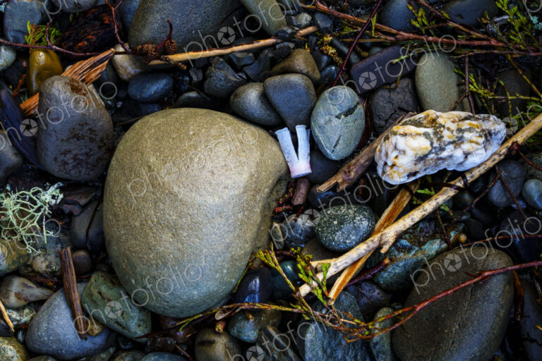Beach debris (trash) on beach, Freshwater Bay beach, Port Angeles, WA USA
