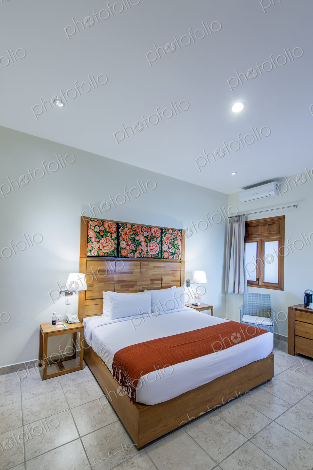 Bed and night table in modern bedroom