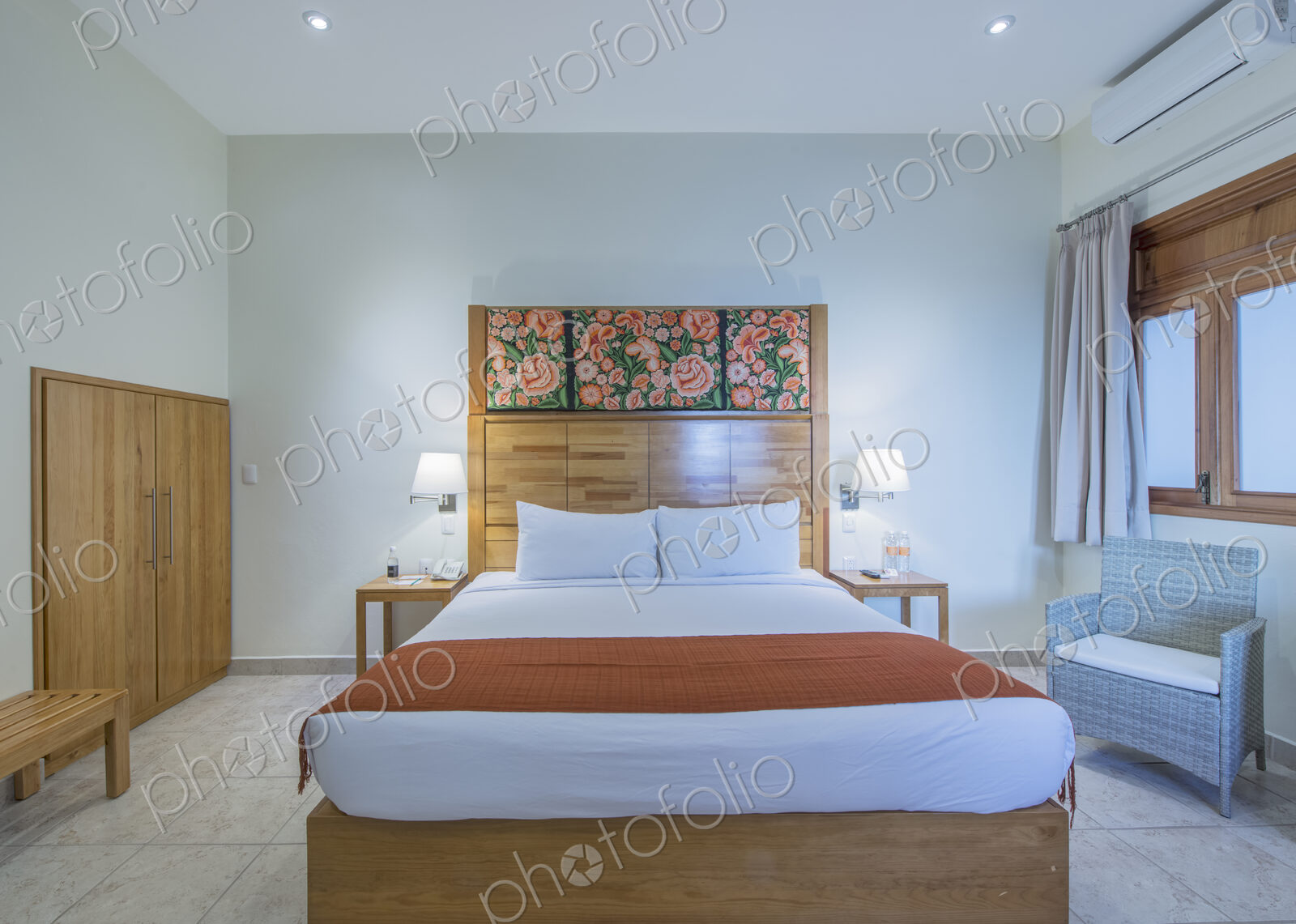 Bed and night table in modern bedroom