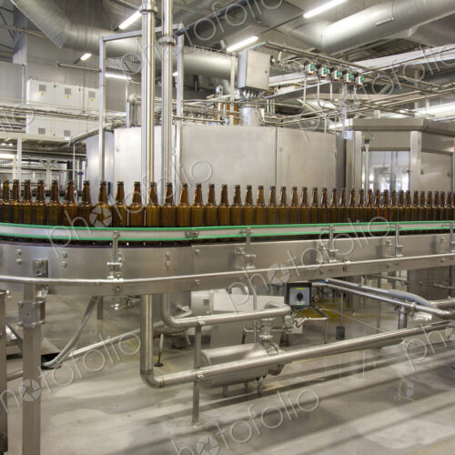 Beer bottling plant with moving belts, rows of bottles, automated process, capping and… Beer bottling plant with moving belts, rows of bottles, automated process, capping and…