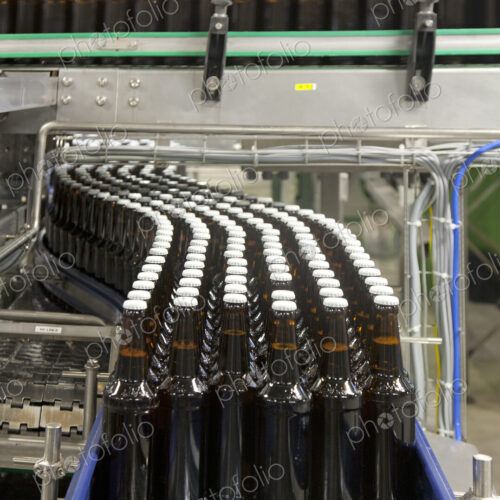 Beer bottling plant with moving belts, rows of bottles, automated process, capping and… Beer bottling plant with moving belts, rows of bottles, automated process, capping and…