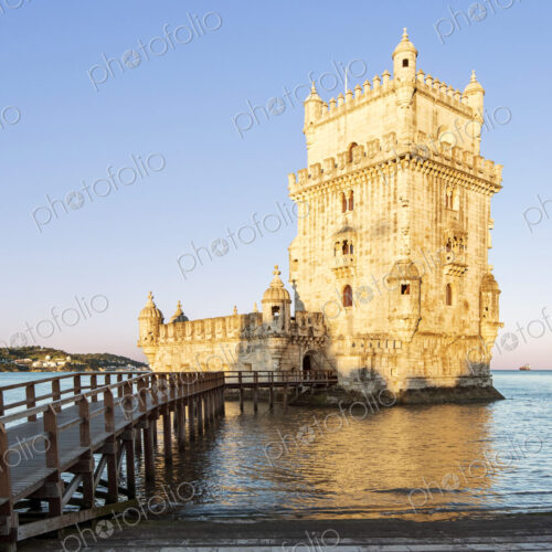 Belem Tower and pier on water, Lisbon, Lisbon, Portugal Belem Tower and pier on water, Lisbon, Lisbon, Portugal