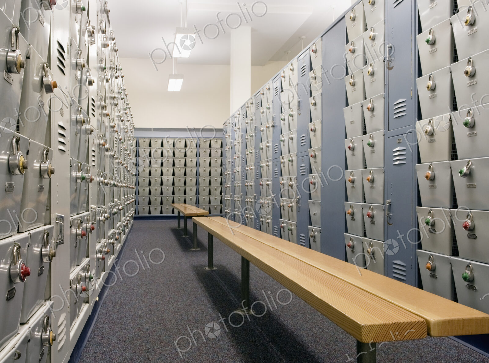 Benches and lockers in locker room