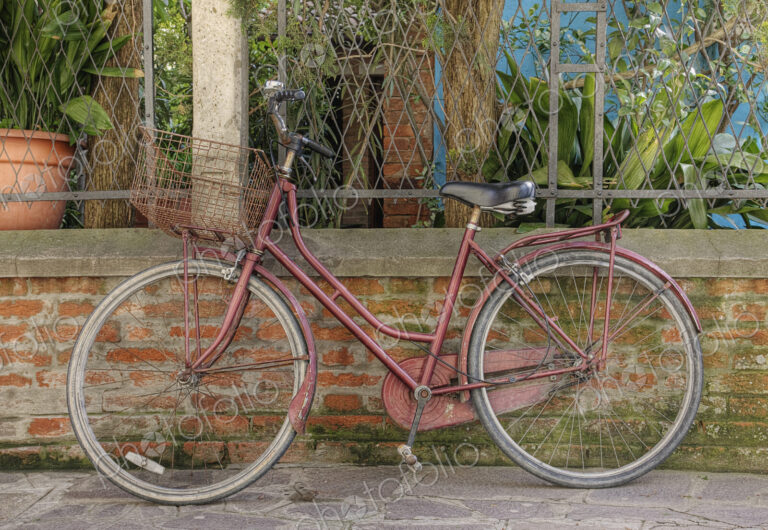 Bicycle leaning against wall.