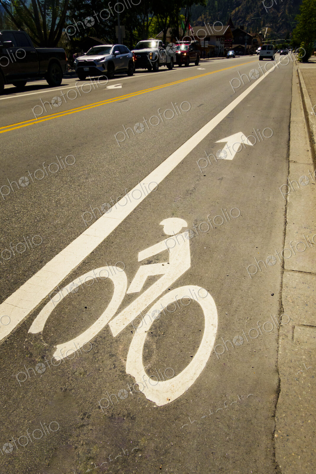 Bicycling path sign on a road surface, a dedicated cycle lane.