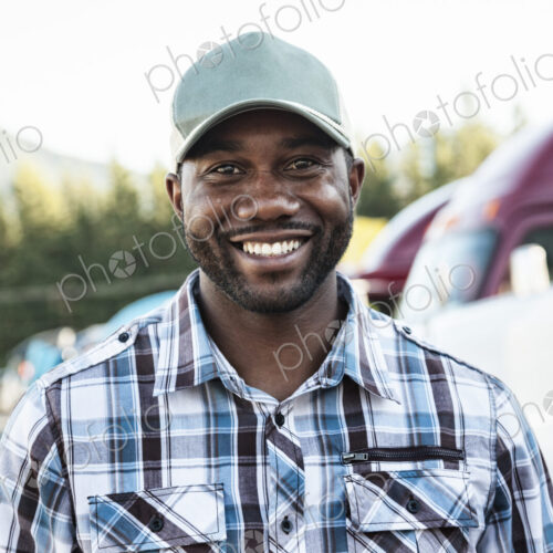 Black man truck driver near his truck parked in a parking lot at a truck stop