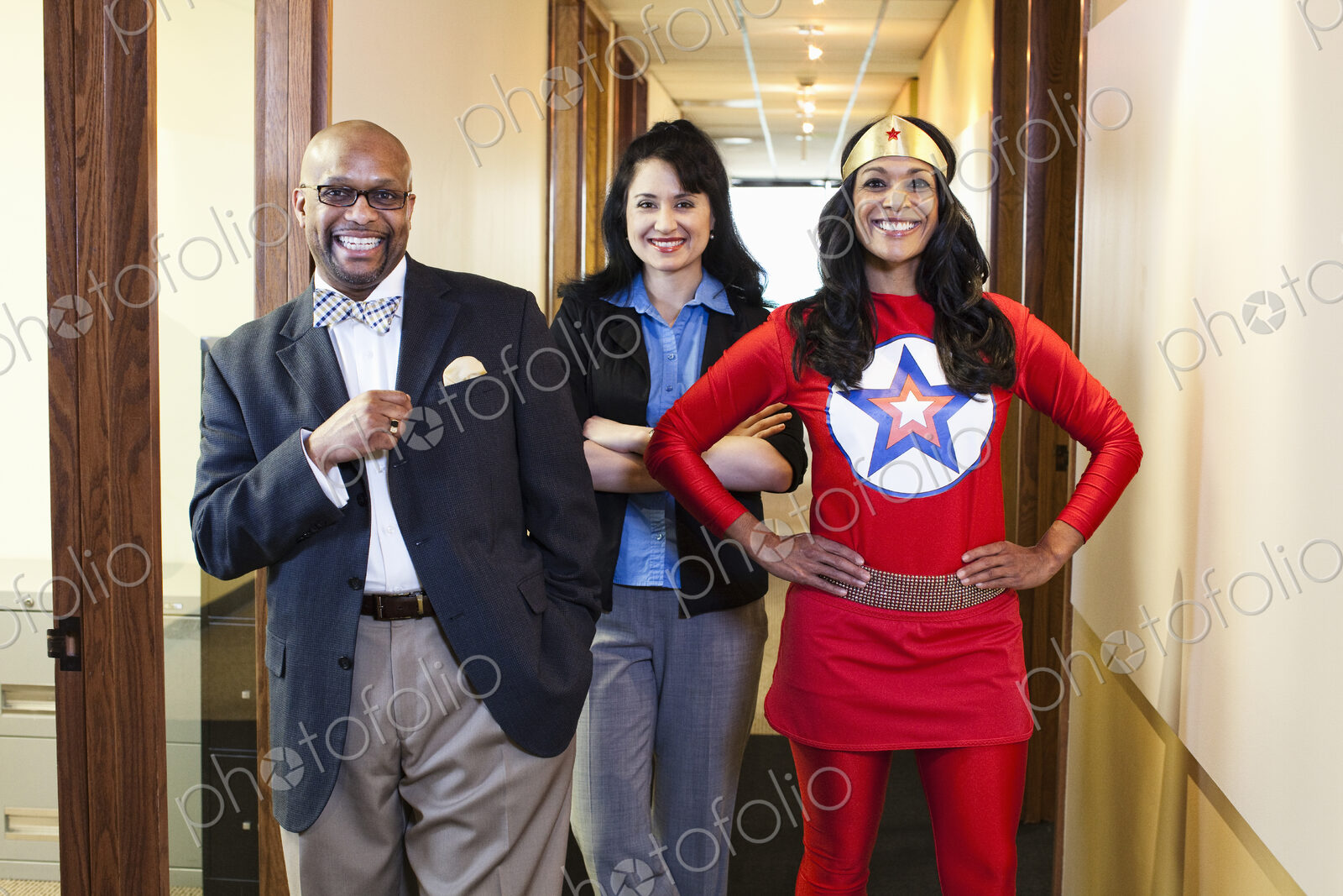 Black woman super hero and her team of mixed race office employees.