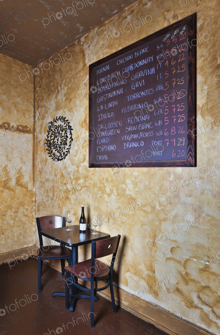 Blackboard and table in wine bar
