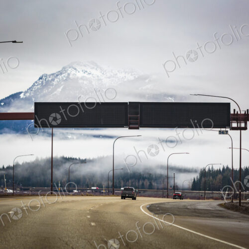 Blank LED traffic signs over Interstate 90 near Snoqualmie Pass
