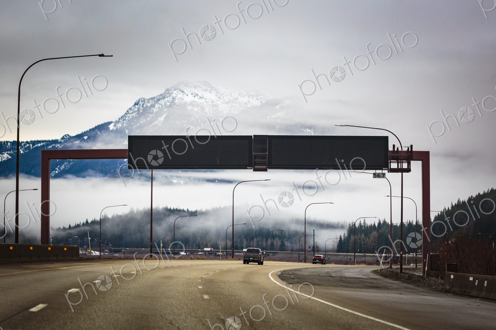 Blank LED traffic signs over Interstate 90 near Snoqualmie Pass
