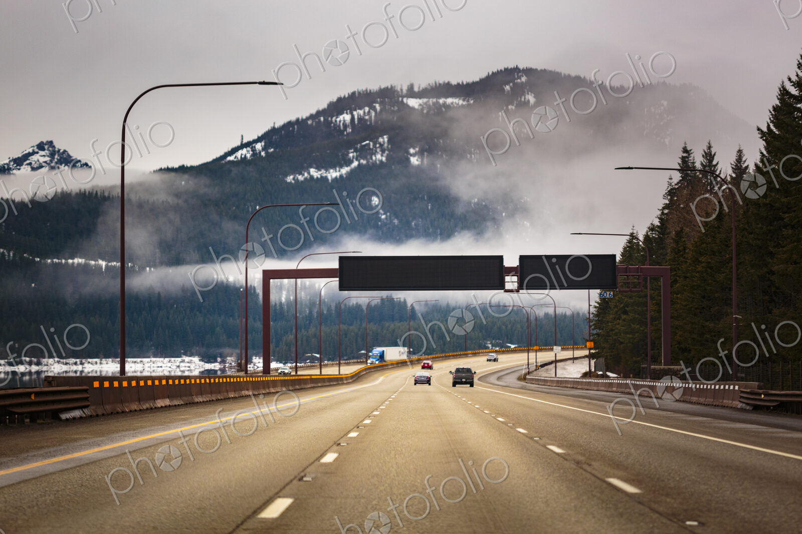 Blank LED traffic signs over Interstate 90 near Snoqualmie Pass