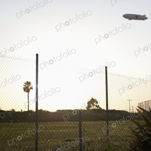 Blimp flying over park with palm trees and wire fence in foreground. Blimp flying over park with palm trees and wire fence in foreground.