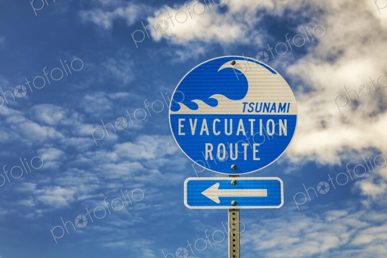 Blue and white tsunami evacuation route sign with arrow, photographed against a bright…