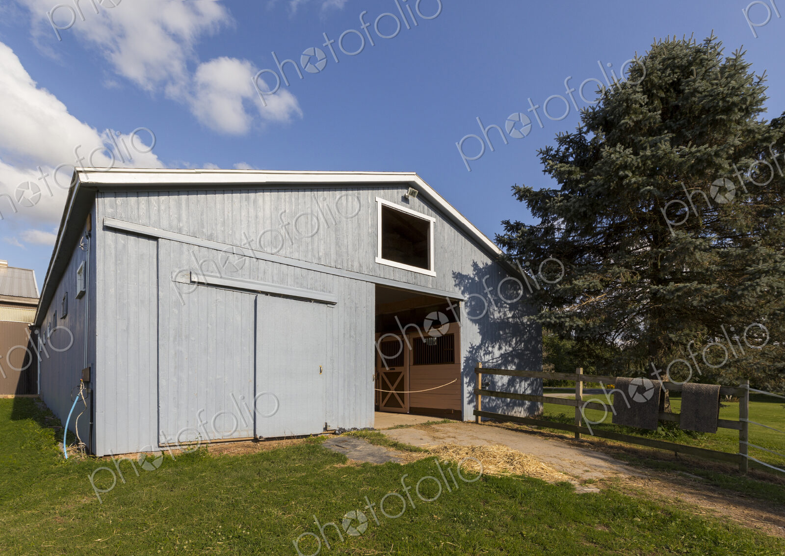 Blue barn on farm