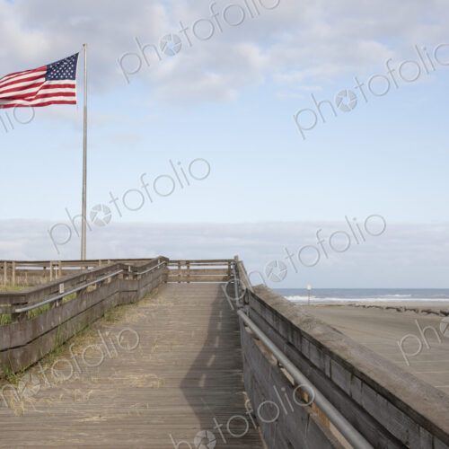 Boardwalk through grassland with mountains and American flag flying.