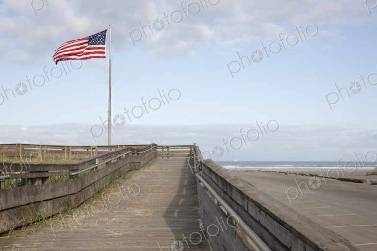 Boardwalk through grassland with mountains and American flag flying.