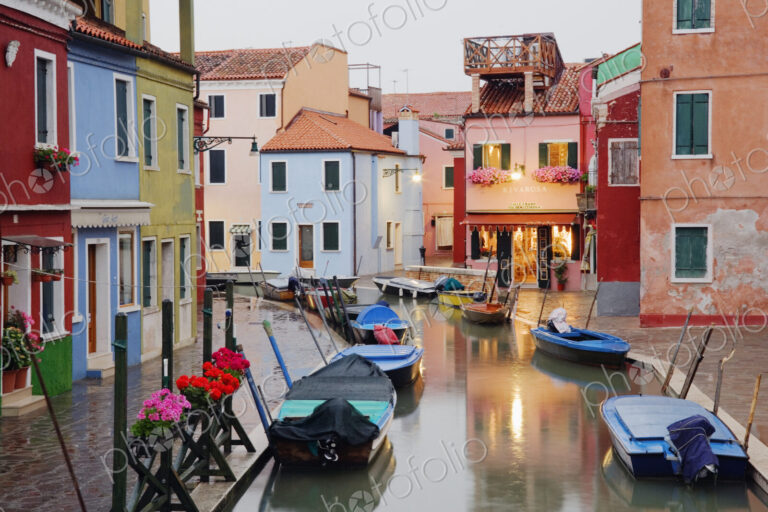 Boats in Burano Canal During a Rain Shower