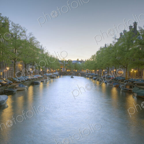 Boats in a Tree Lined Canal at Dusk