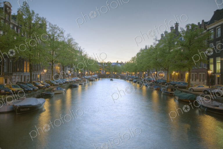 Boats in a Tree Lined Canal at Dusk
