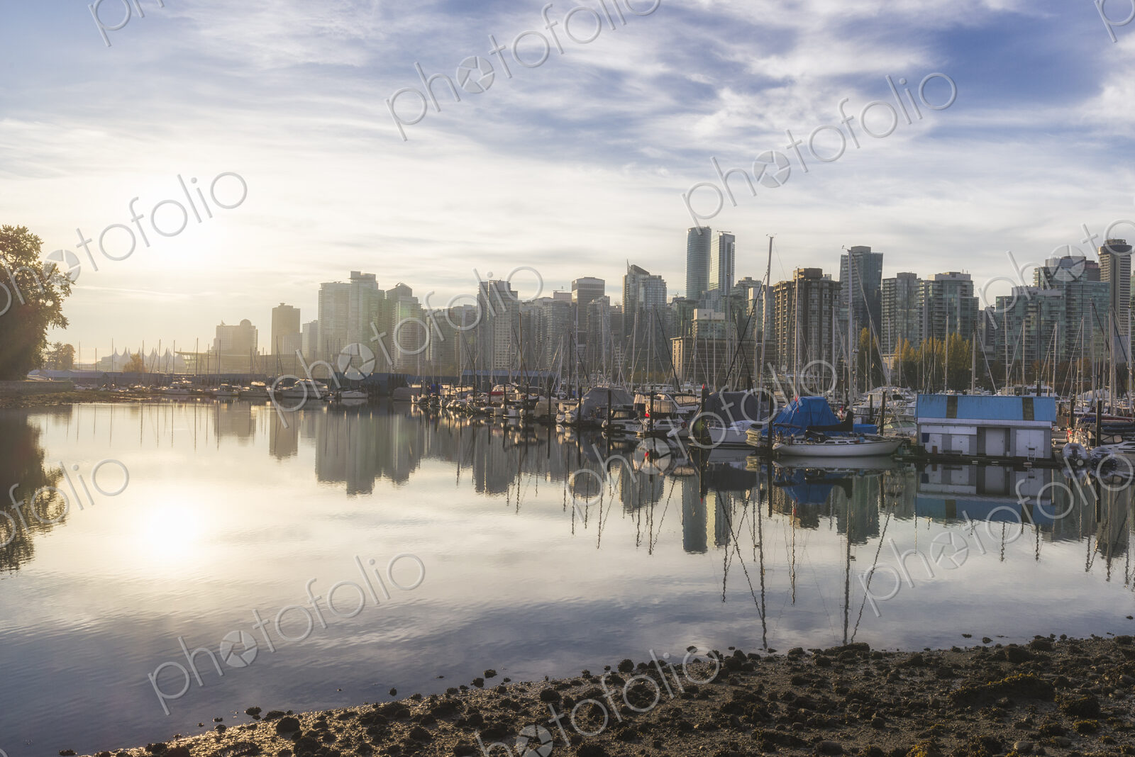 Boats moored in Vancouver harbour with skyscrapers behind.