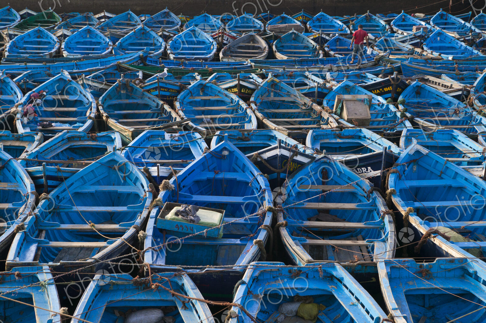 Boats moored very close together in the harbor of Essaouira, Morocco