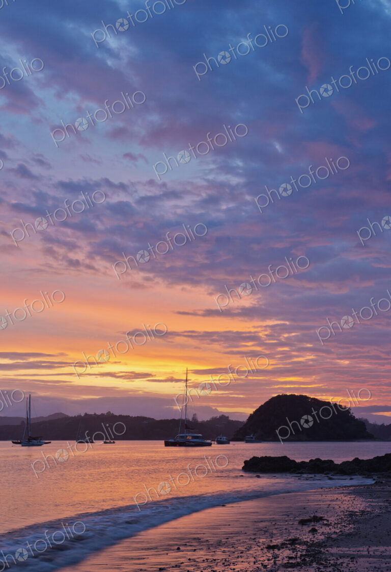 Boats sailing in bay at sunrise, Bay of Islands, Paihia, New Zealand