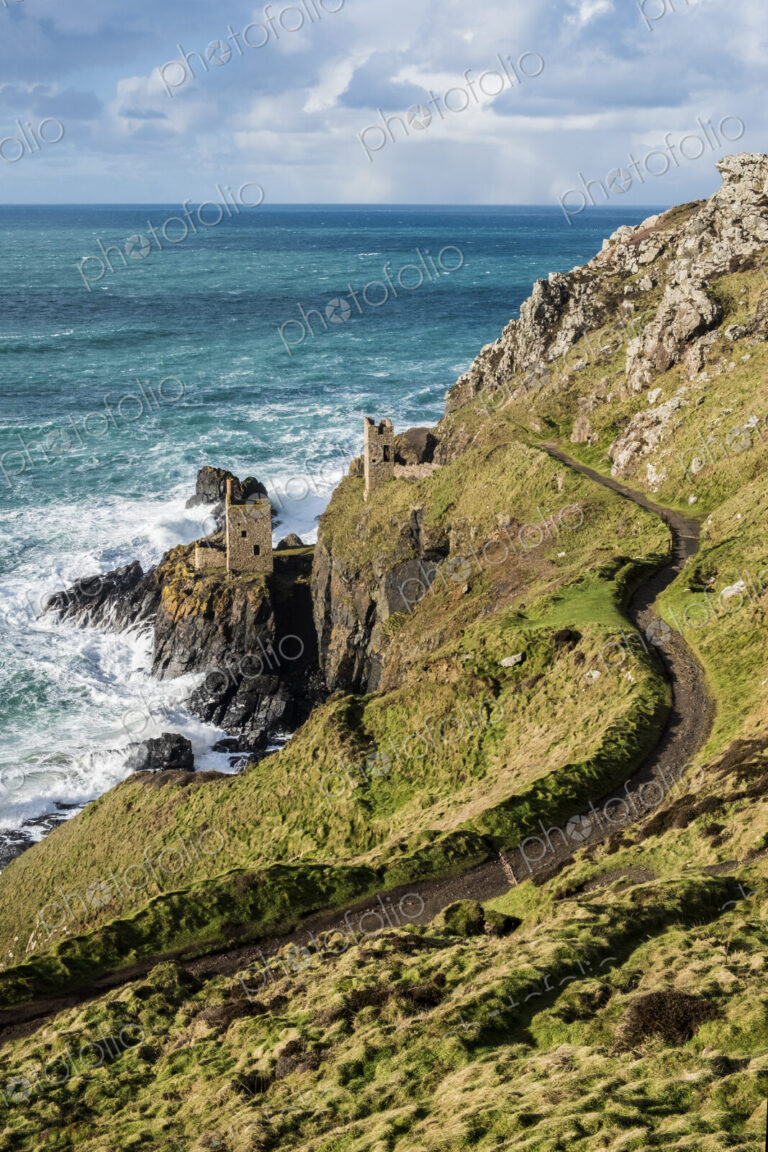 Botallack Crown Mines, view down onto ruined mine workings and wheel house on the…