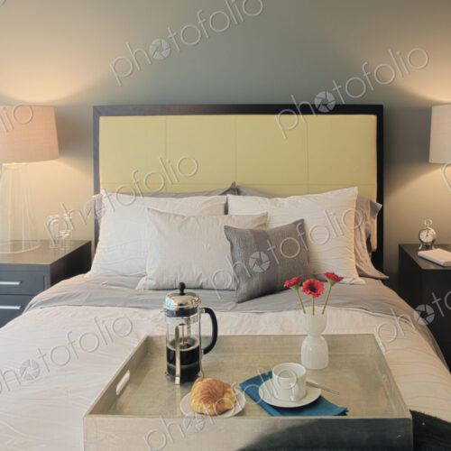 Breakfast on tray in bedroom
