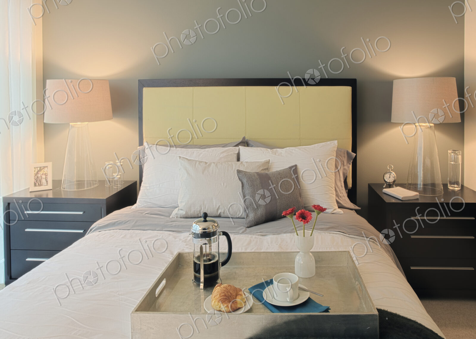 Breakfast on tray in bedroom