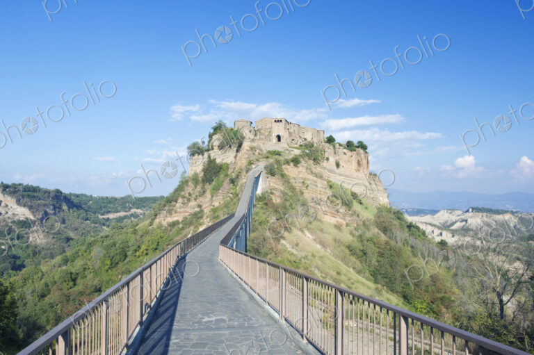 Bridge to the hilltop historic buildings of the fort of Civita di Bagnoregio, founded…