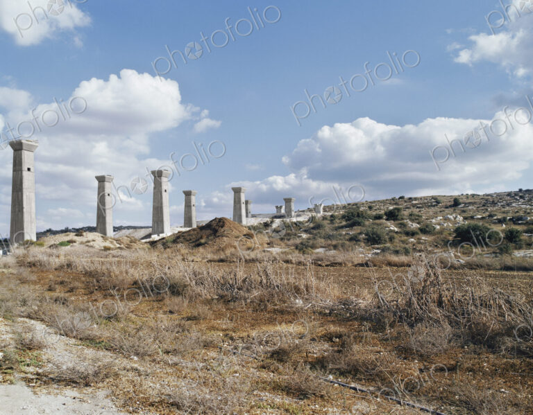 Bridge under construction, pillars and elevated road across an arid landscape.