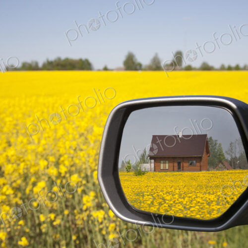 Building viewed in car side wing mirror, yellow flowering oil seed rape field and…