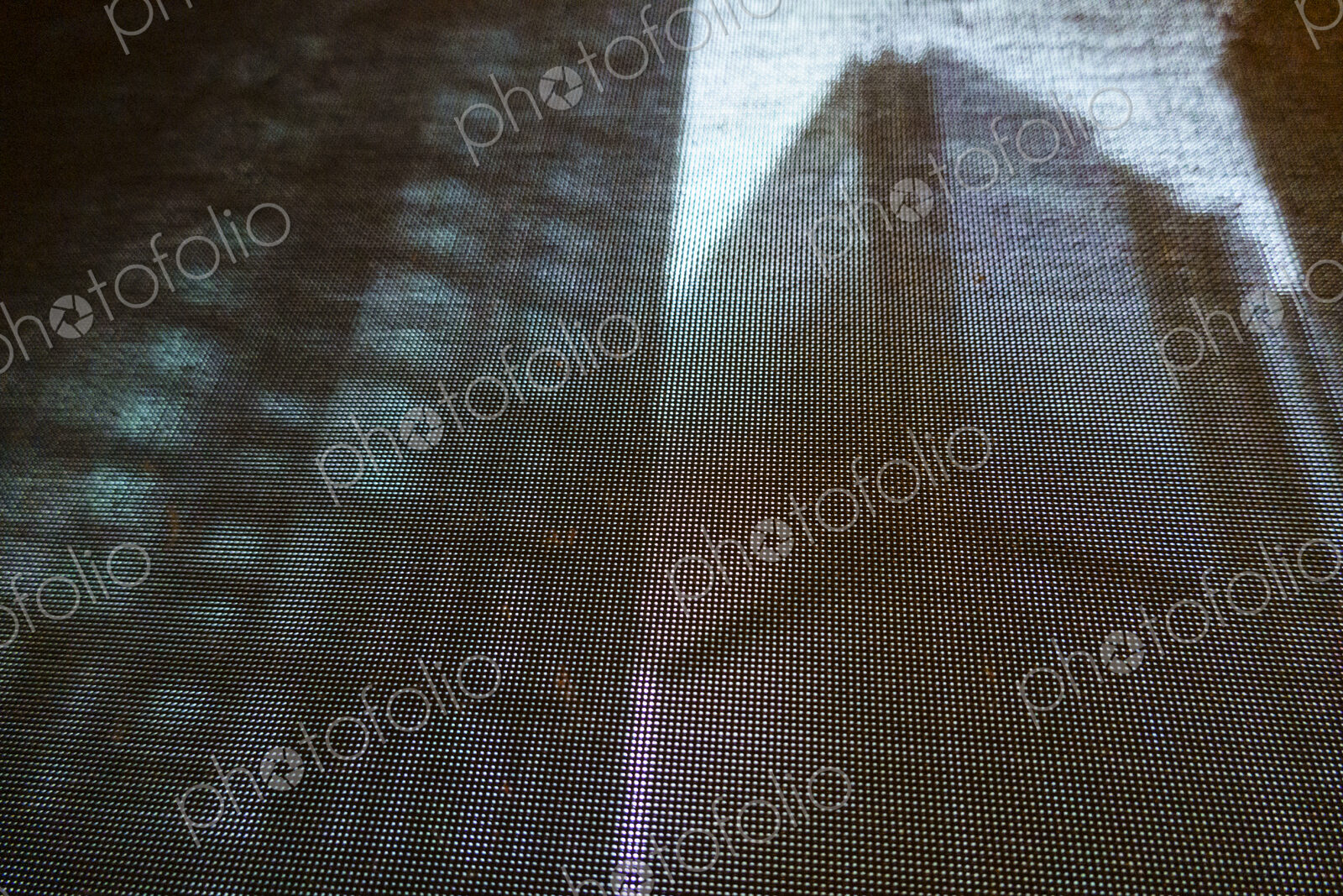 Buildings seen through a window screen, Seattle, WA USA