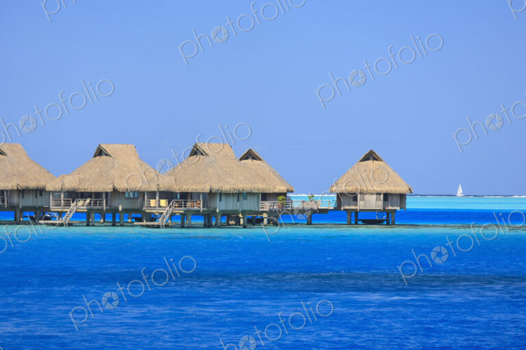 Bungalows over tropical ocean, Bora Bora, French Polynesia
