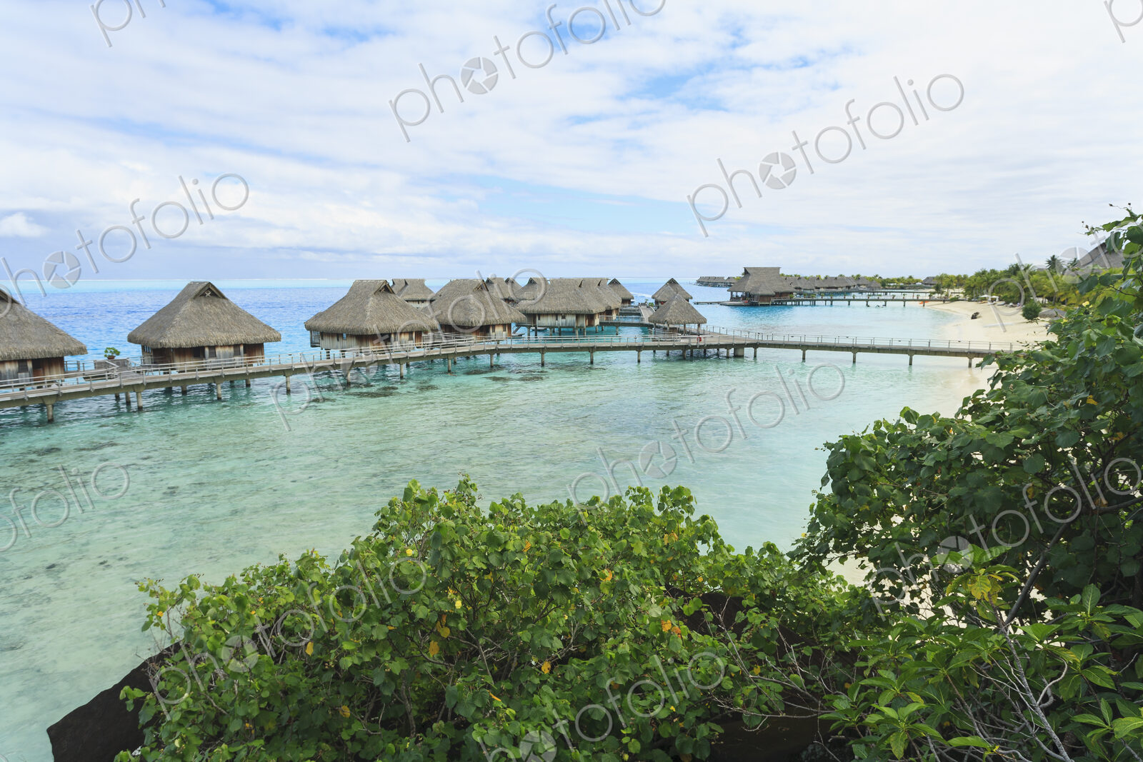 Bungalows over tropical ocean, Bora Bora, French Polynesia