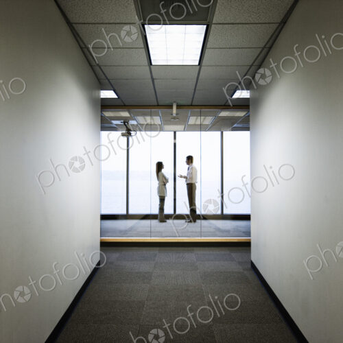 Business people talkng and standing in front of a window, distant view Business people talkng and standing in front of a window, distant view