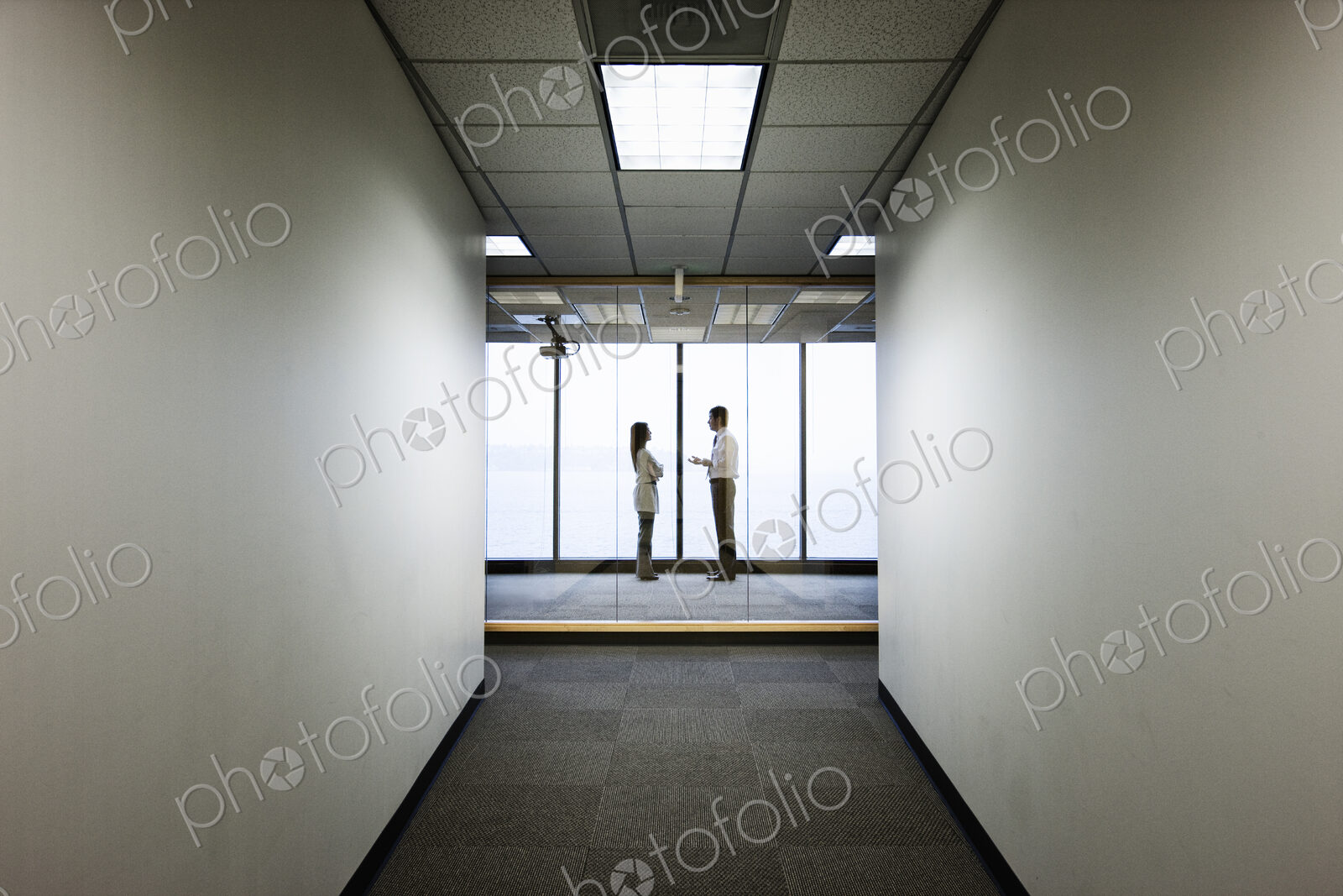 Business people talkng and standing in front of a window, distant view