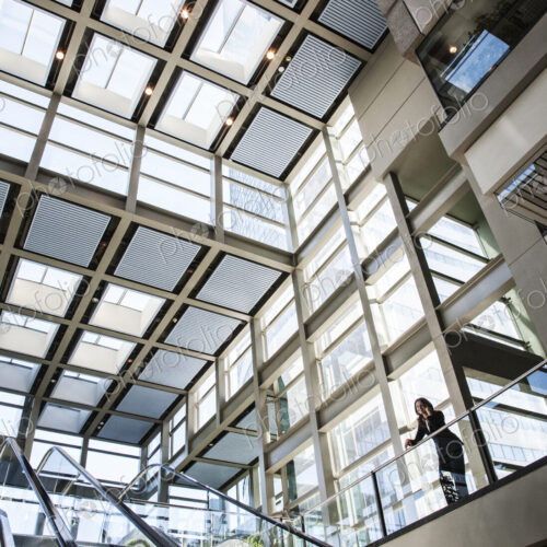 Business woman on the phone in a large glassed in lobby area near an escalator. Business woman on the phone in a large glassed in lobby area near an escalator.