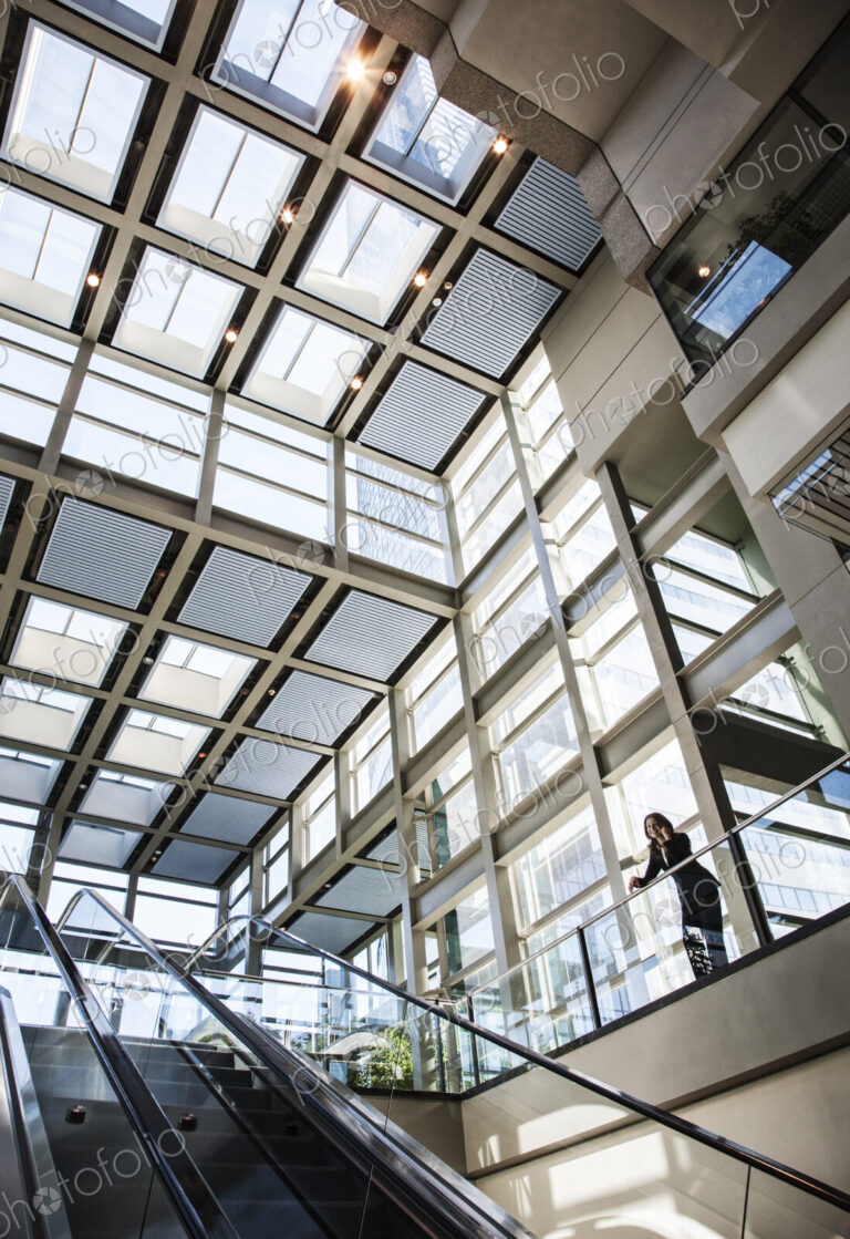 Business woman on the phone in a large glassed in lobby area near an escalator.