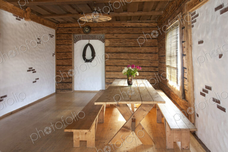Cabin Interior With a Picnic Table