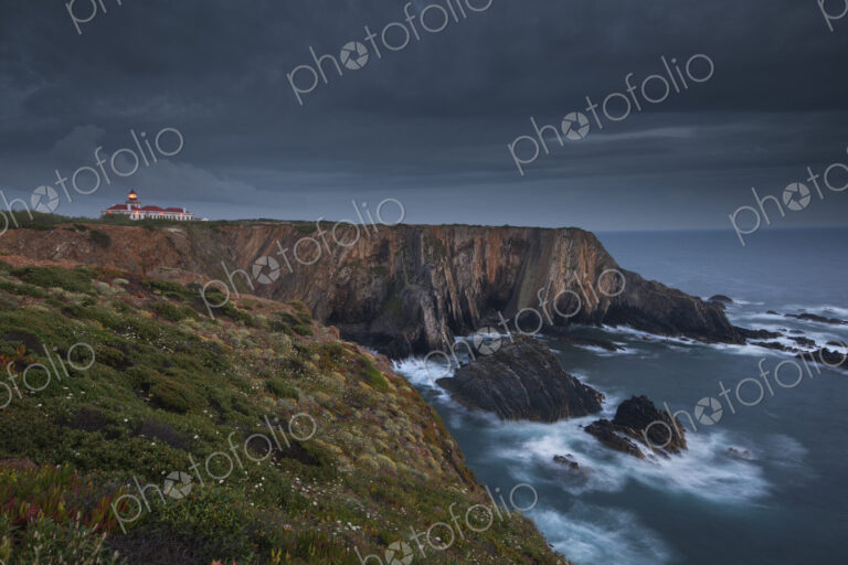 Cabo Sardao Lighthouse is a historic light on the cliffs along the coast of the Cabo…