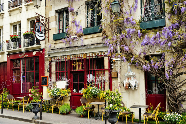 Cafe exterior, pavement exterior and flowering wisteria climbing plants, street signs.