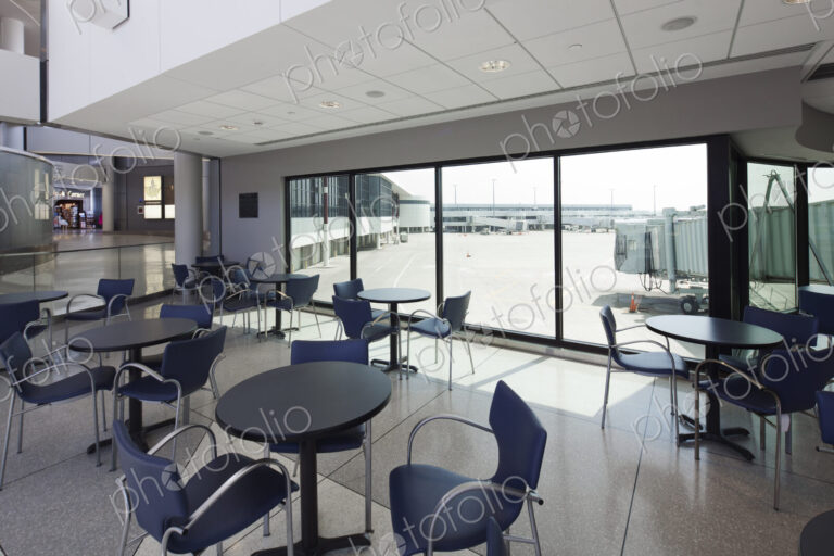 Cafe with a view to the airport apron,and arrivals and departures gates.