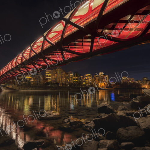 Calgary modern Peace Bridge lit up at night.