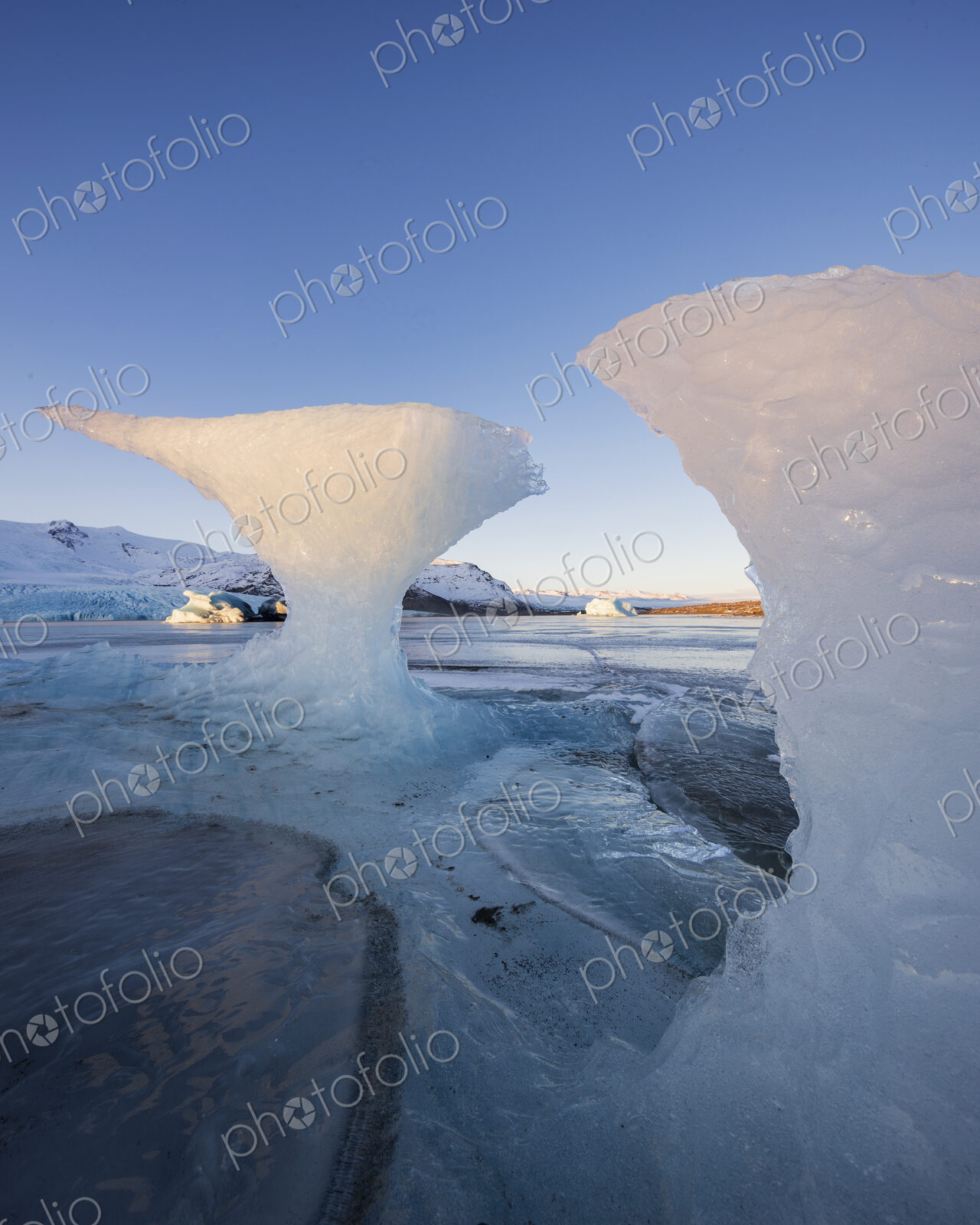Calved Ice on Jokulsarlon Black Sand Beach, chunks of glacier ice in the lagoon,…