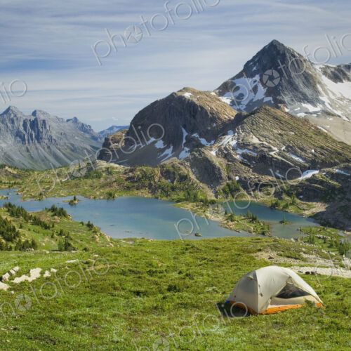 Campsite above Limestone Lakes Basin, Mount Abruzzi is in the background, Campsite above Limestone Lakes Basin, Mount Abruzzi is in the background,