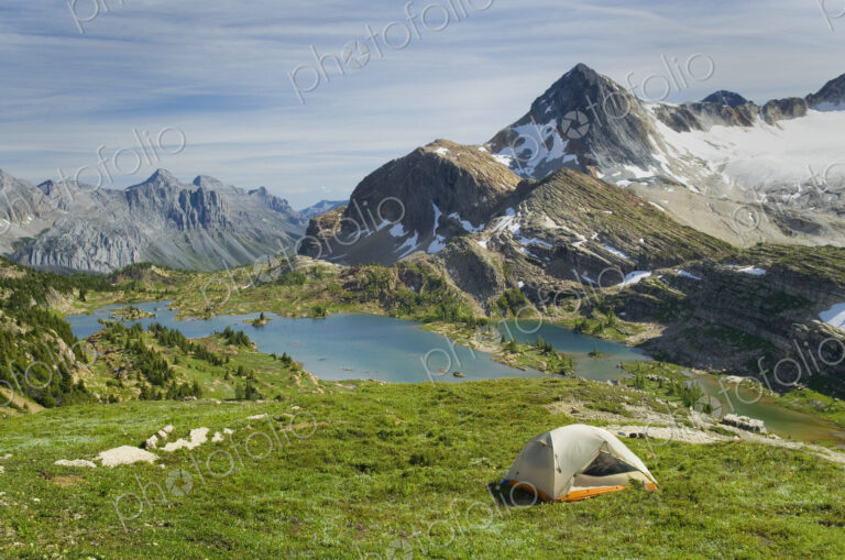 Campsite above Limestone Lakes Basin, Mount Abruzzi is in the background,