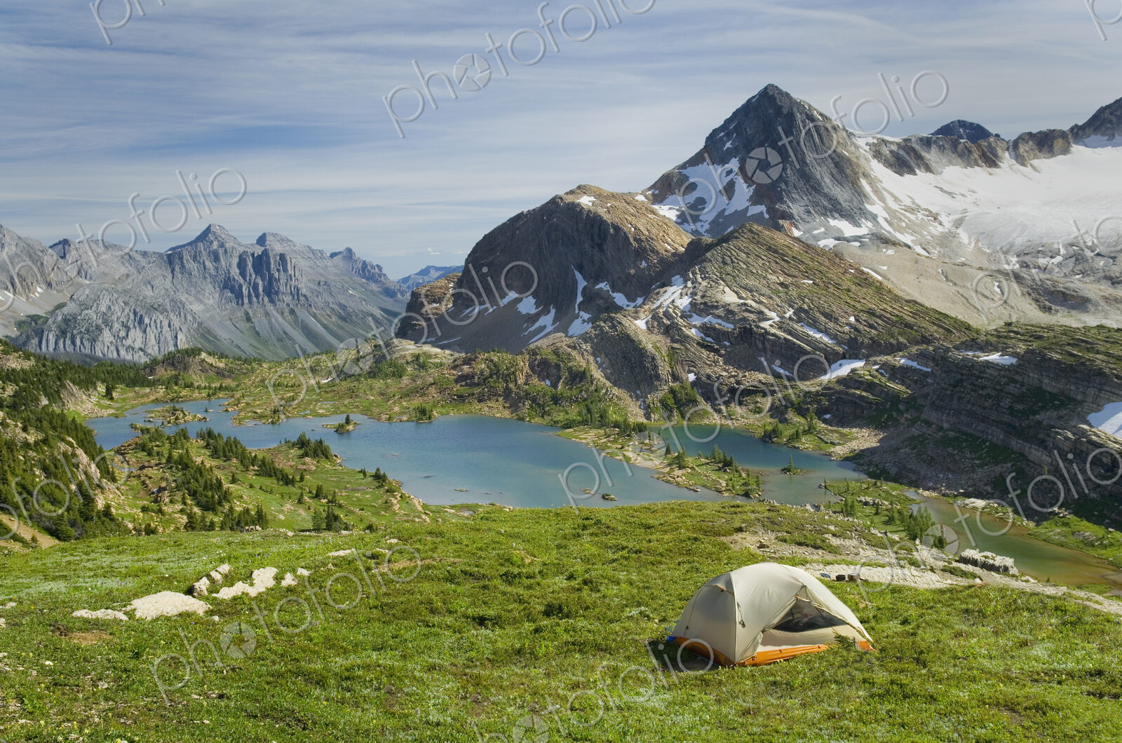 Campsite above Limestone Lakes Basin, Mount Abruzzi is in the background,